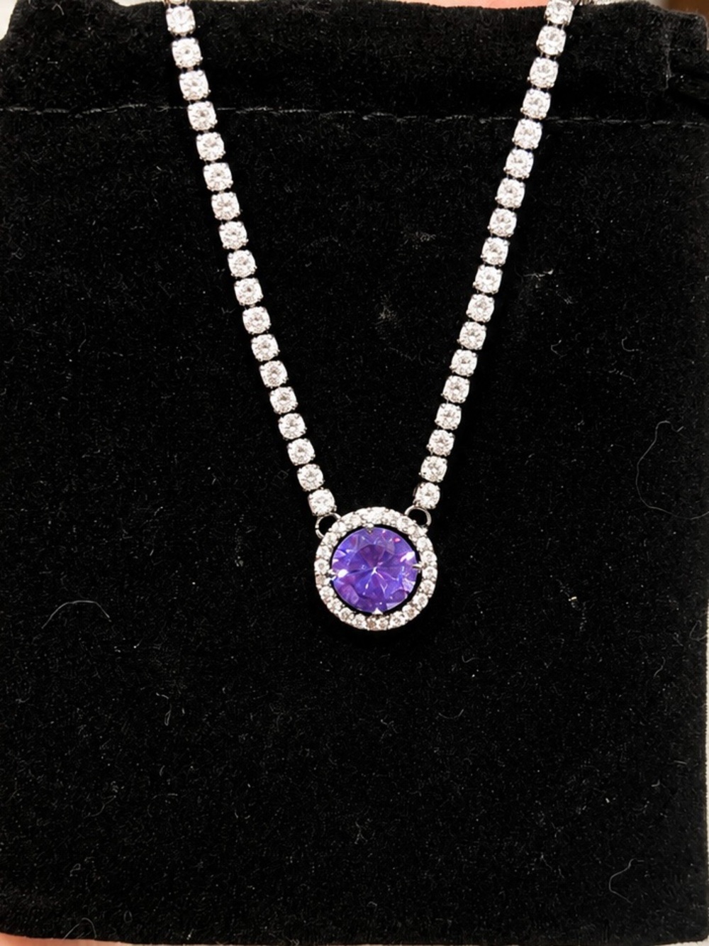 Silver Tennis Necklace with Purple Crystal Halo Pendant